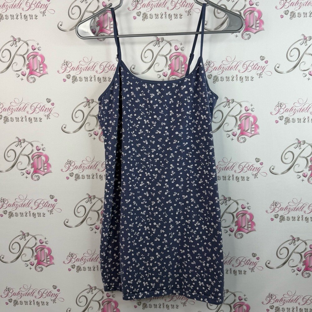 Mystyle tank top or mini dress slip Floral Spaghetti Strap Dress blue white